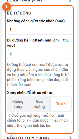 Mục "Bế tự động": khoảng cách, bù đường bế, xoay nhãn