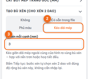 Mục "Tạo bù xén (cho xén 2 dao)": chọn cách tạo và độ rộng bù xén