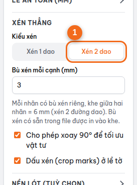 Bước dàn trang tự chọn "Xén 2 dao" theo bù xén đã tạo