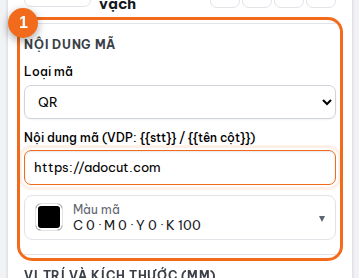Mục "Nội dung mã": loại mã, nội dung, màu