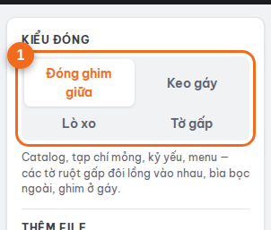 Mục "Kiểu đóng": ghim giữa, keo gáy, lò xo, tờ gấp