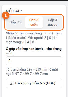 Mục "Kiểu gấp": gấp đôi, gấp 3 cuốn, gấp 3 zigzag