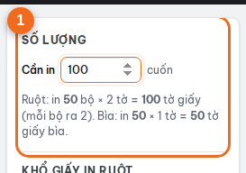 Mục "Số lượng": nhập số cuốn, Adocut tính số tờ giấy ruột và bìa