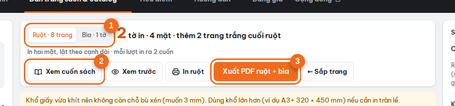 Bước bình trang: ruột / bìa, xem cuốn sách, xuất PDF