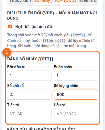 Tab "Số nhảy / VDP": bắt đầu từ, bước nhảy, số chữ số, số lượng, tiền tố, hậu tố
