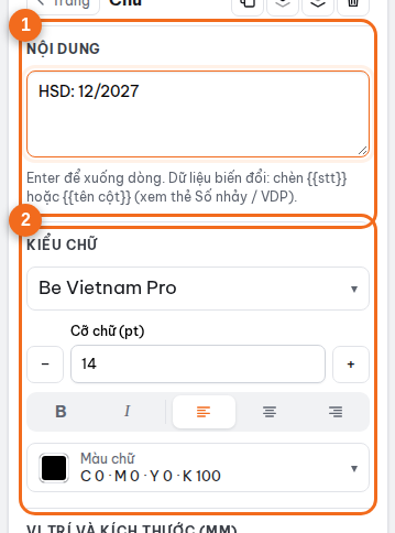 Thuộc tính khung chữ: nội dung, font, cỡ chữ, màu