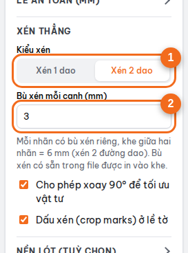 Mục "Xén thẳng": kiểu xén, bù xén, xoay 90°, dấu xén